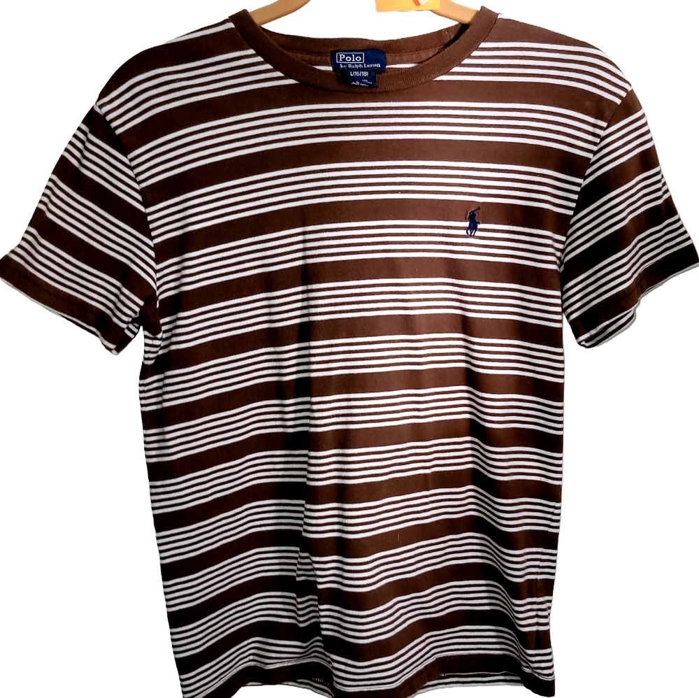 Polo by Ralph Lauren Men's Brown and White Striped Tee